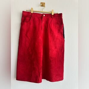 Vintage 90s Red Suede & Denim Colorblock Midi Skirt | High Waist Pencil Sz 8